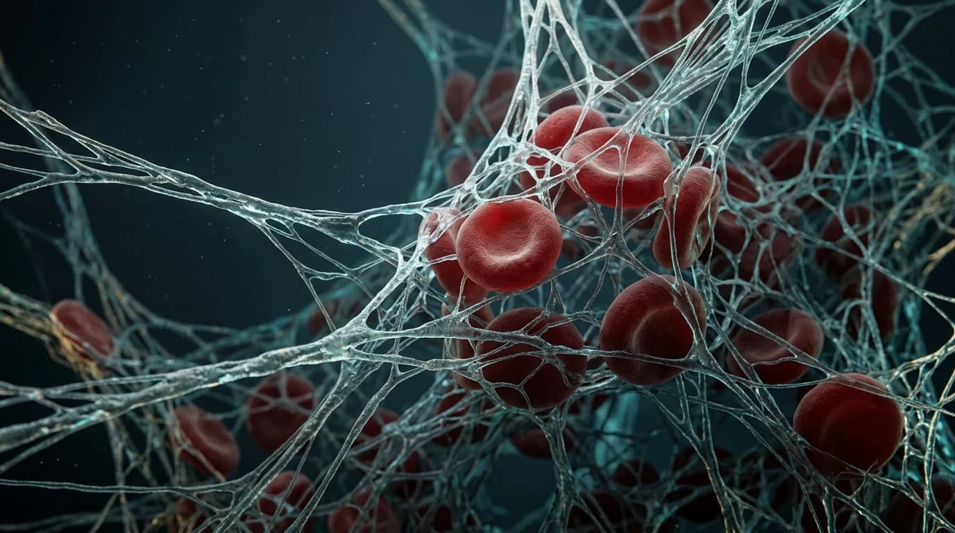Red blood cells trapped in a tight biopolymer fibrin clot mesh